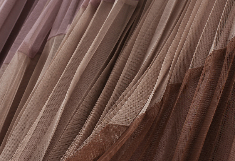 Spliced Pleated Mesh A Line Skirt - 1803_PINK
