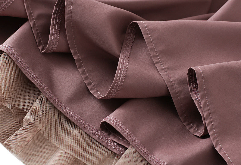 Spliced Pleated Mesh A Line Skirt - 1803_PINK