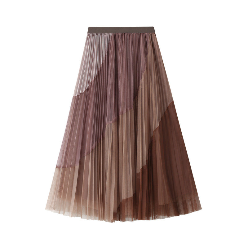 Spliced Pleated Mesh A Line Skirt - 1803_PINK