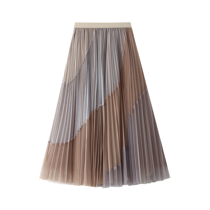 Spliced Pleated Mesh A Line Skirt - 1803_KHAKI