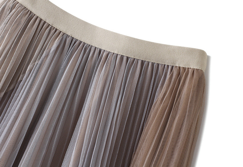 Spliced Pleated Mesh A Line Skirt - 1803_KHAKI