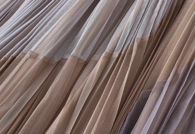 Spliced Pleated Mesh A Line Skirt - 1803_KHAKI