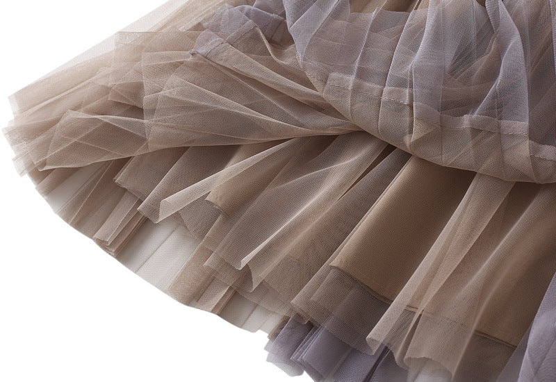 Spliced Pleated Mesh A Line Skirt - 1803_KHAKI