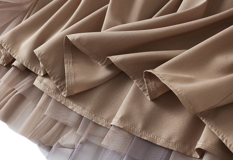 Spliced Pleated Mesh A Line Skirt - 1803_KHAKI