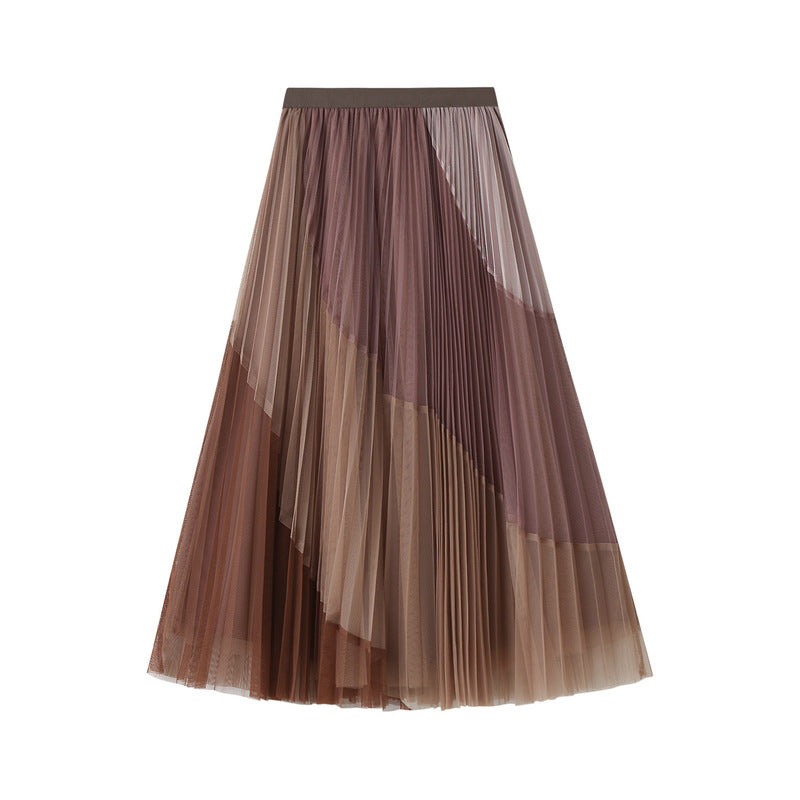 Spliced Pleated Mesh A Line Skirt - 1803_PINK