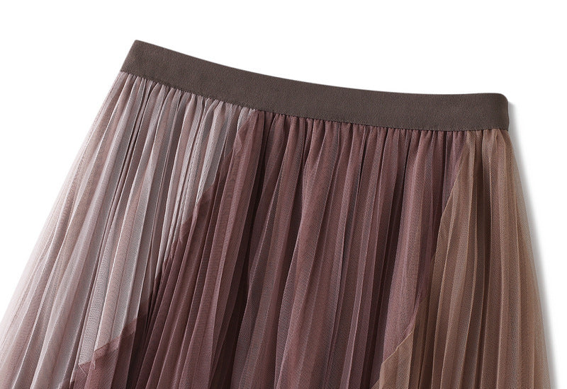 Spliced Pleated Mesh A Line Skirt - 1803_PINK