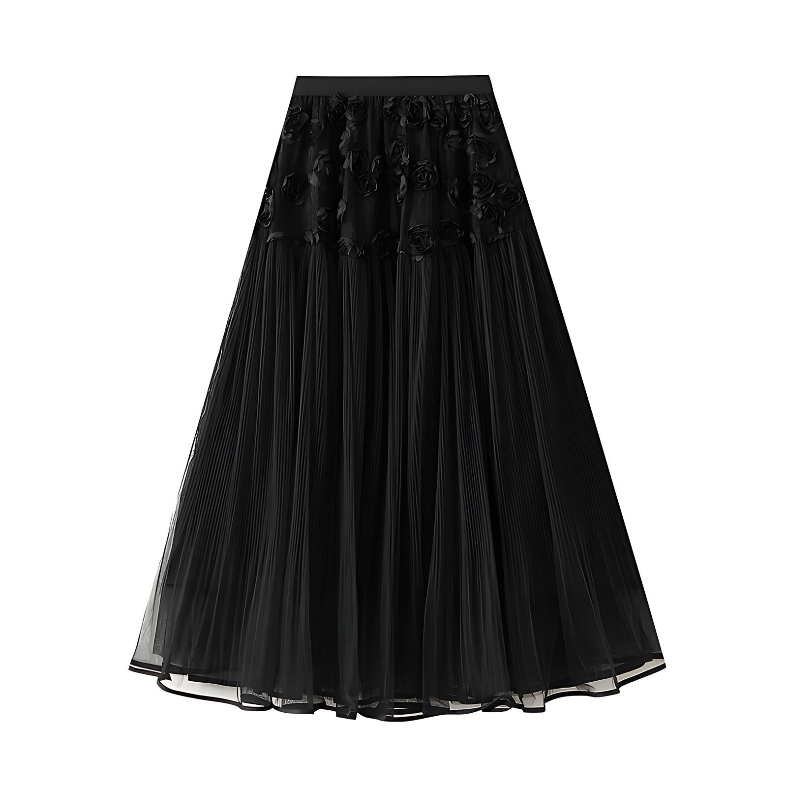 Parisian Bloom 3D Rose Mesh A-Line Skirt - 2165_BLACK