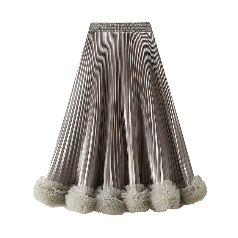 Champagne Pleated Tulle Hem Velvet Skirt