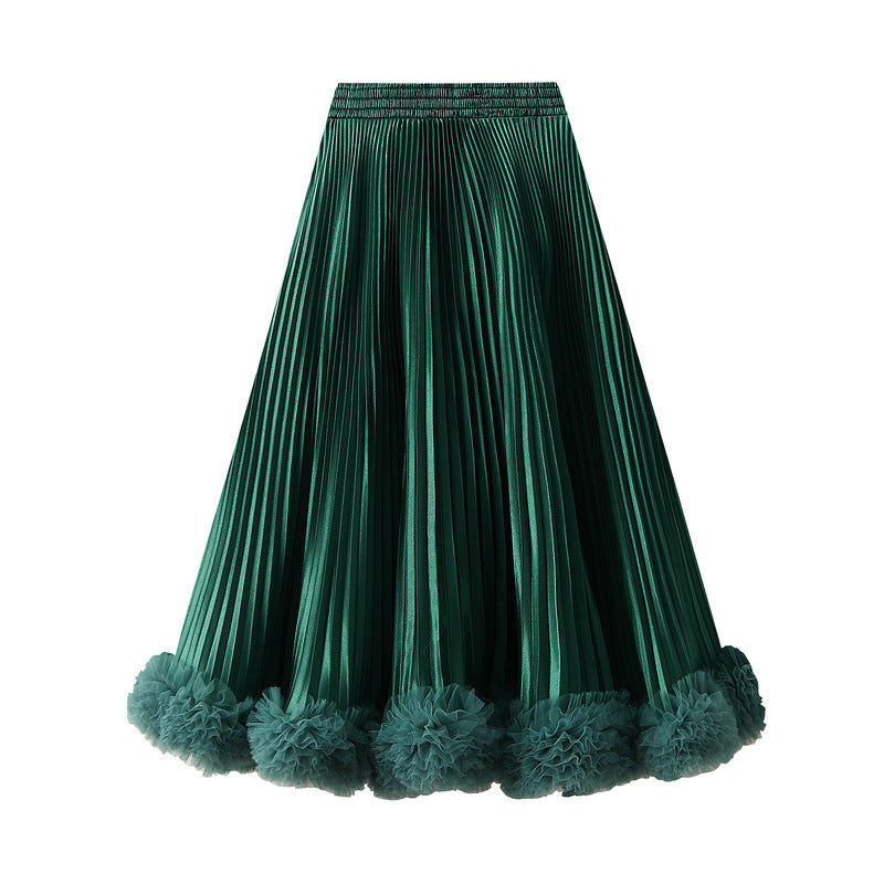 Emerald Green Pleated Tulle Hem Velvet Skirt