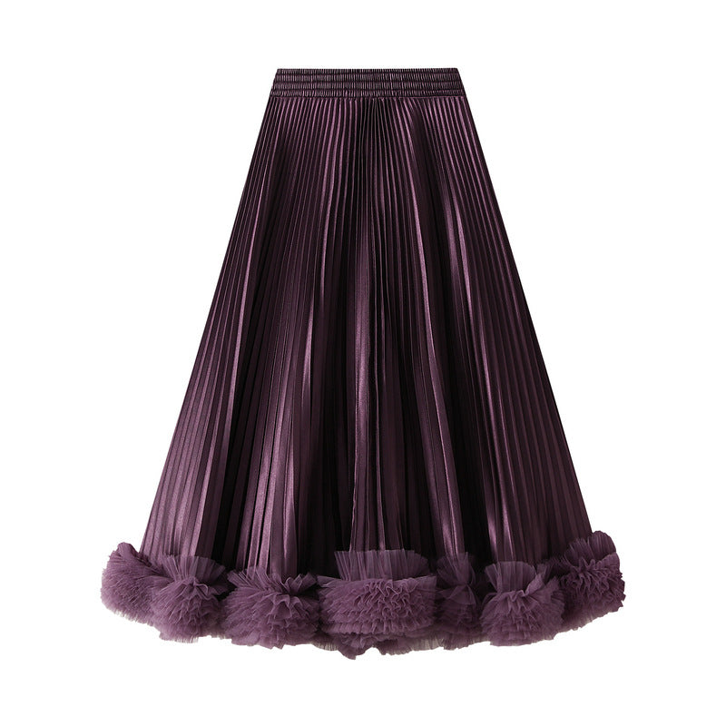 Plum Purple Pleated Tulle Hem Velvet Skirt