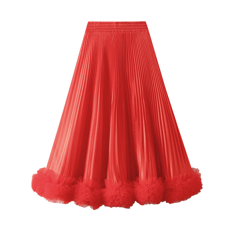 Coral Red Pleated Tulle Hem Velvet Skirt