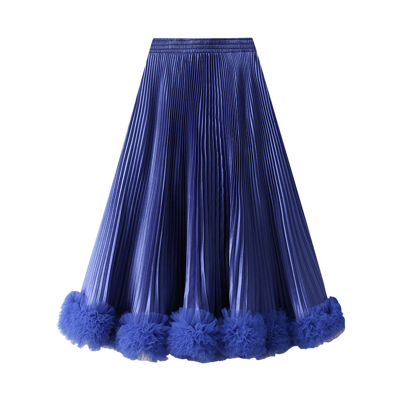 Navy Blue Pleated Tulle Hem Velvet Skirt