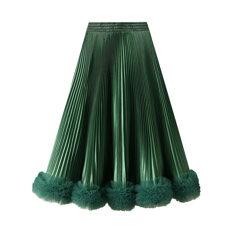 Green Pleated Tulle Hem Velvet Skirt