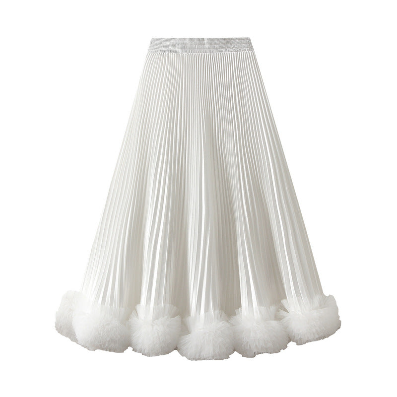 White Pleated Tulle Hem Velvet Skirt