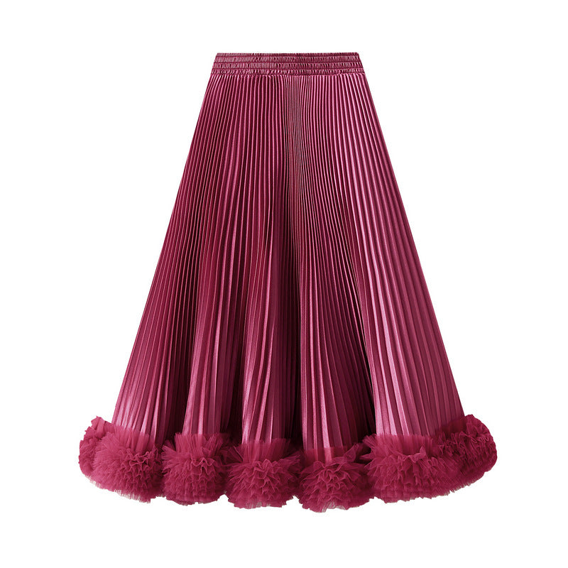 Burgundy Sculpted Pleats Big Swing Velvet Skirt