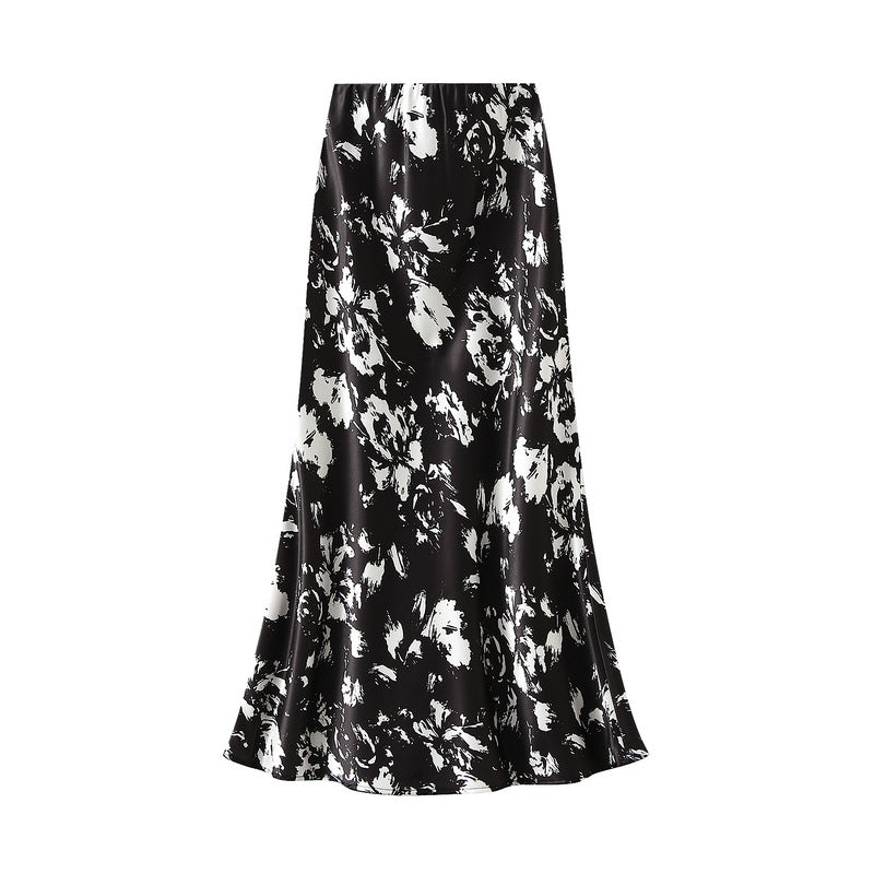 Printed Satin A-Line Midi Skirt