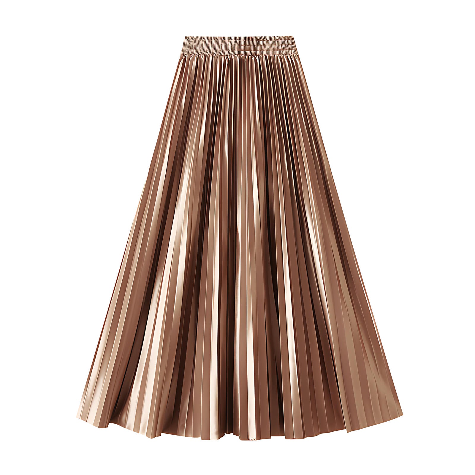 High-Gloss Pleated A-Line Skirt - 8059_KHAKI