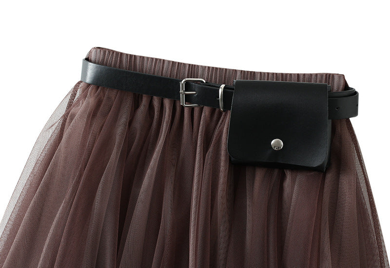 Irregular Mesh Two Color Skirt With Belt - 8808_GRADIENT_BROWN