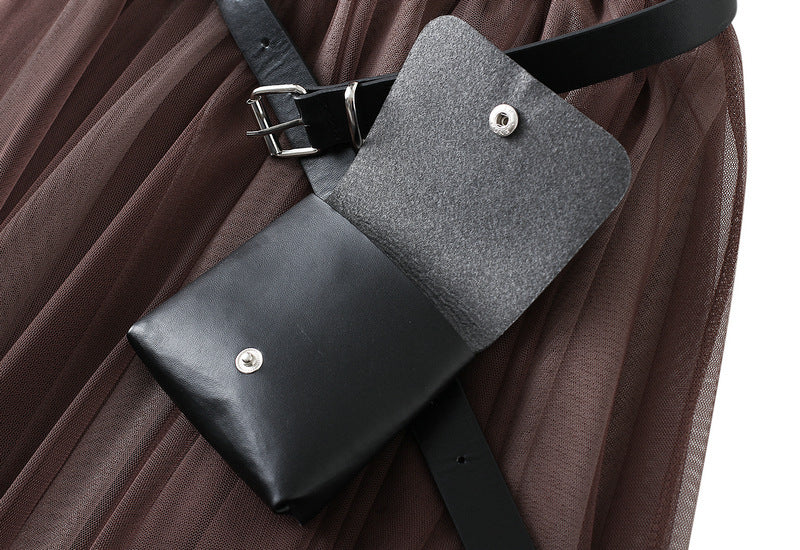 Irregular Mesh Two Color Skirt With Belt - 8808_GRADIENT_BROWN