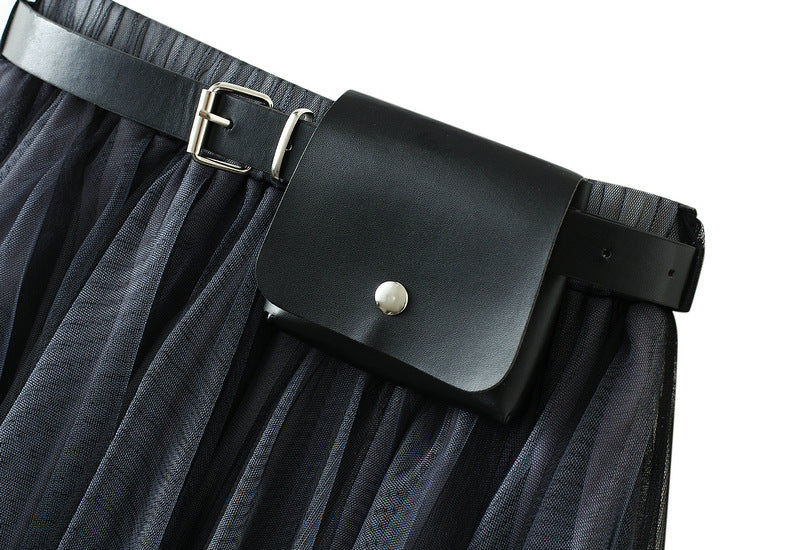 Irregular Mesh Two Color Skirt With Belt - 8808_GRADIENT_BLACKGREY