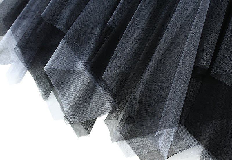 Irregular Mesh Two Color Skirt With Belt - 8808_GRADIENT_BLACKGREY