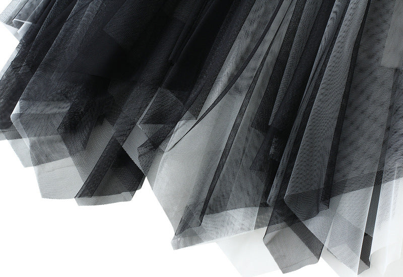 Irregular Mesh Two Color Skirt With Belt - 8808_GRADIENT_BLACKWHITE