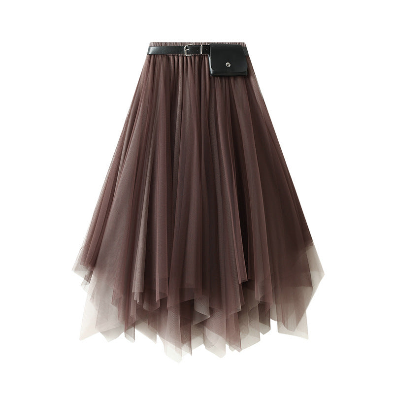 Irregular Mesh Two Color Skirt With Belt - 8808_GRADIENT_BROWN