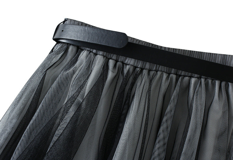Irregular Mesh Two Color Skirt With Belt - 8808_GRADIENT_BLACKWHITE