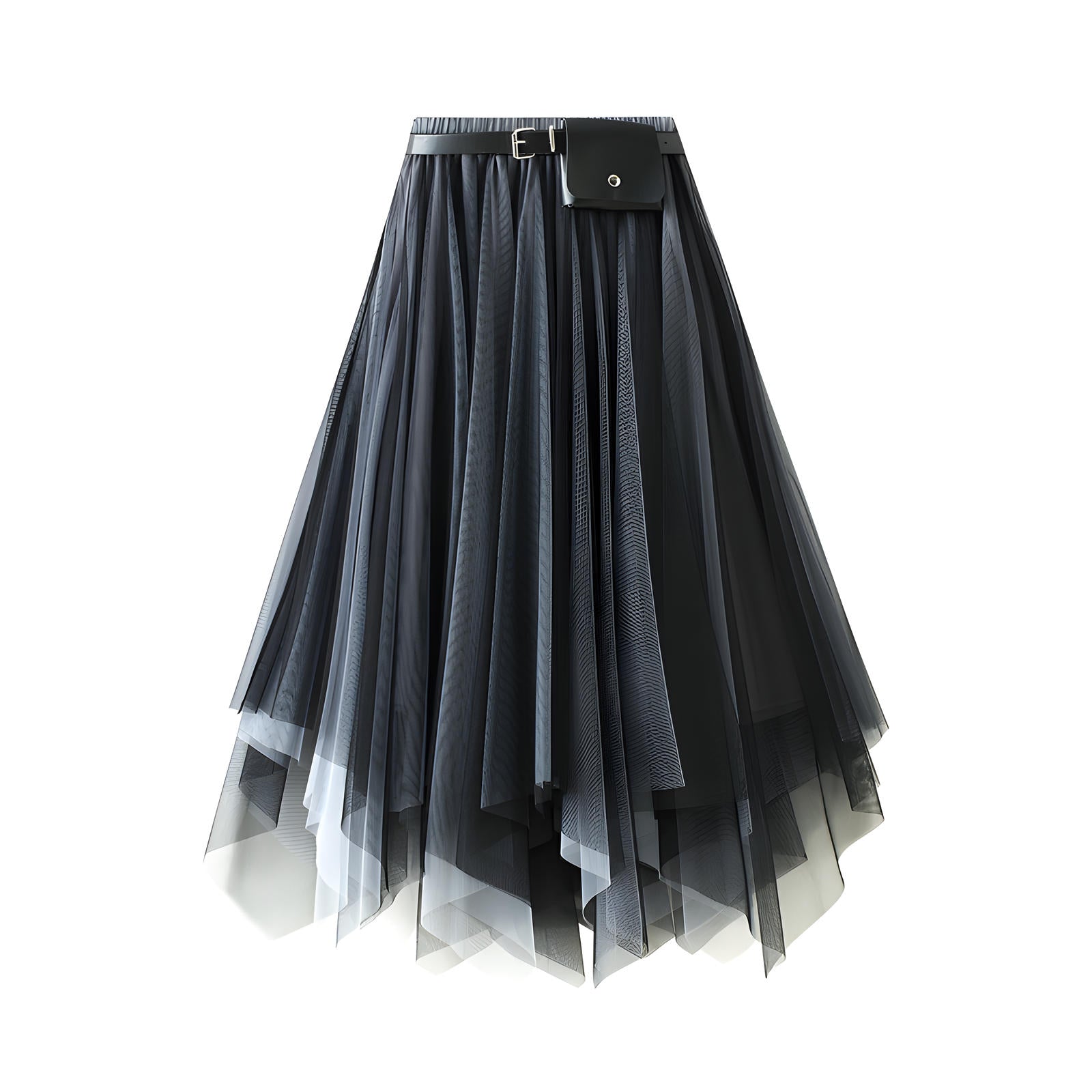 Irregular Mesh Two Color Skirt With Belt - 8808_GRADIENT_BLACKGREY