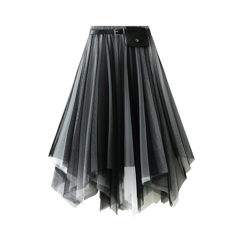 Irregular Mesh Two Color Skirt With Belt - 8808_GRADIENT_BLACKWHITE