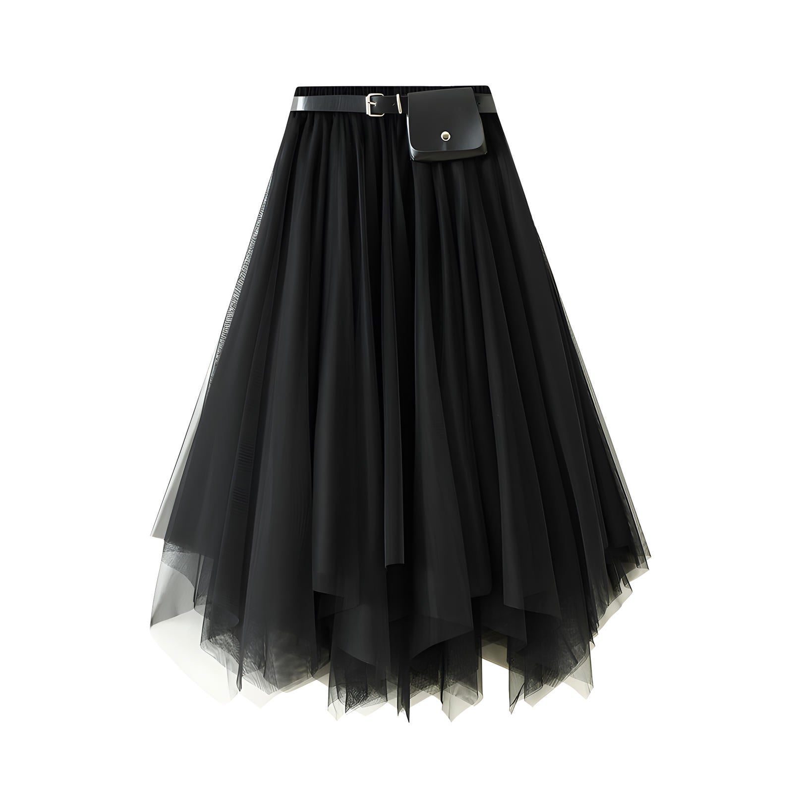 Irregular Mesh Skirt With Belt - 8808_BLACK
