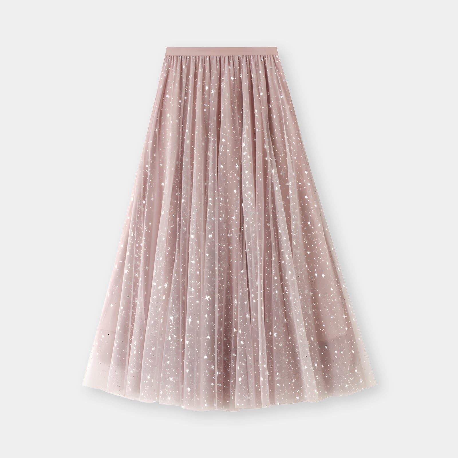 Multilayer Mesh Gauze Sequinned Star Embroidered A Line Skirt	- 9801_PINK