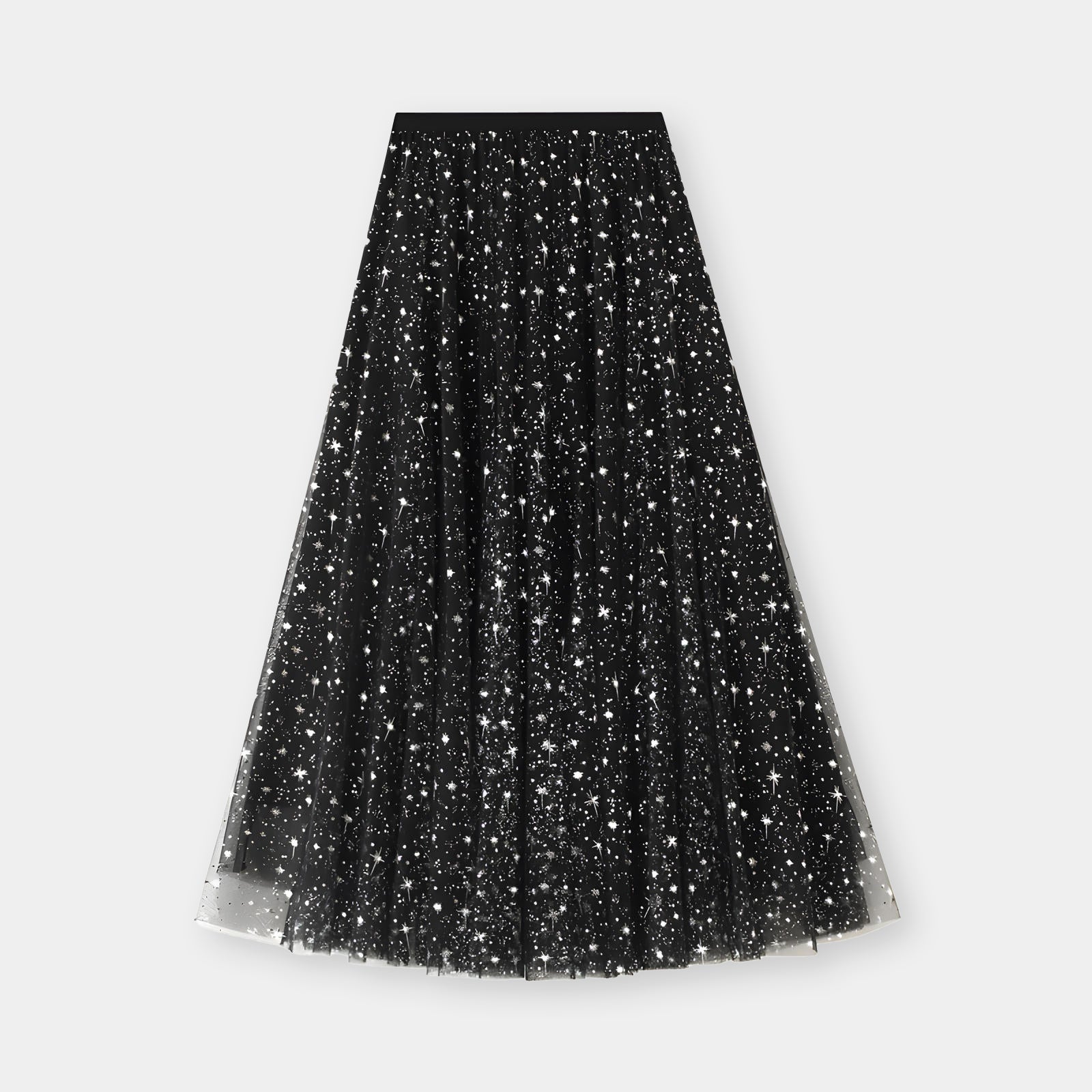 Multilayer Mesh Gauze Sequinned Star Embroidered A Line Skirt	- 9801_BLACK