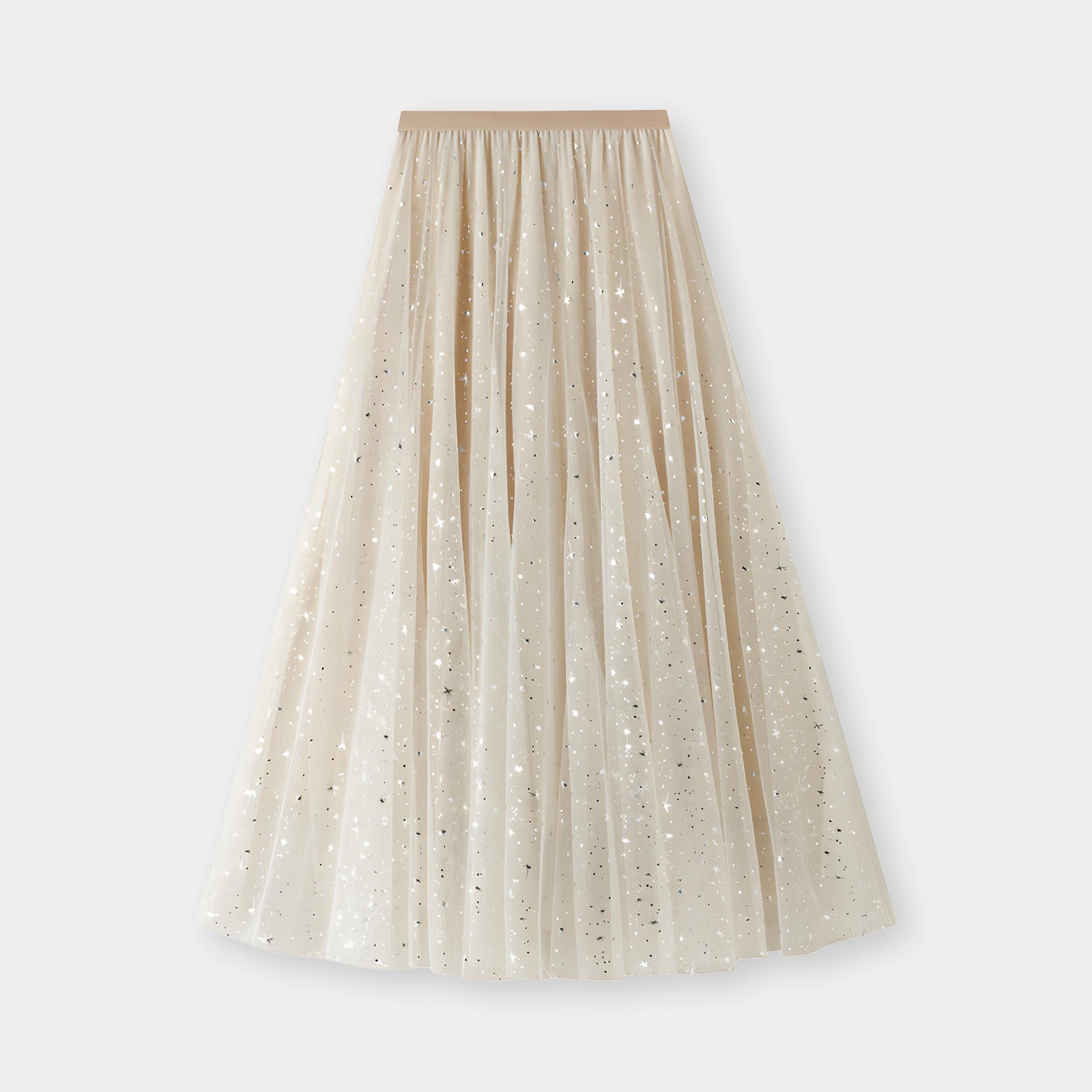 Multilayer Mesh Gauze Sequinned Star Embroidered A Line Skirt	- 9801_APRICOT