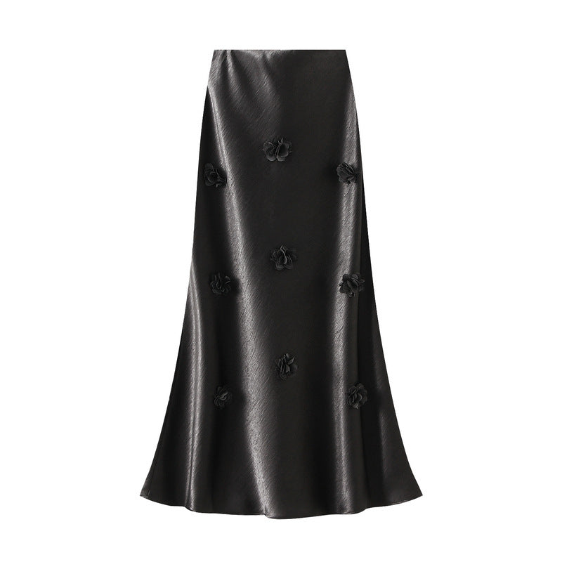 Black Floral Applique Slip Skirt