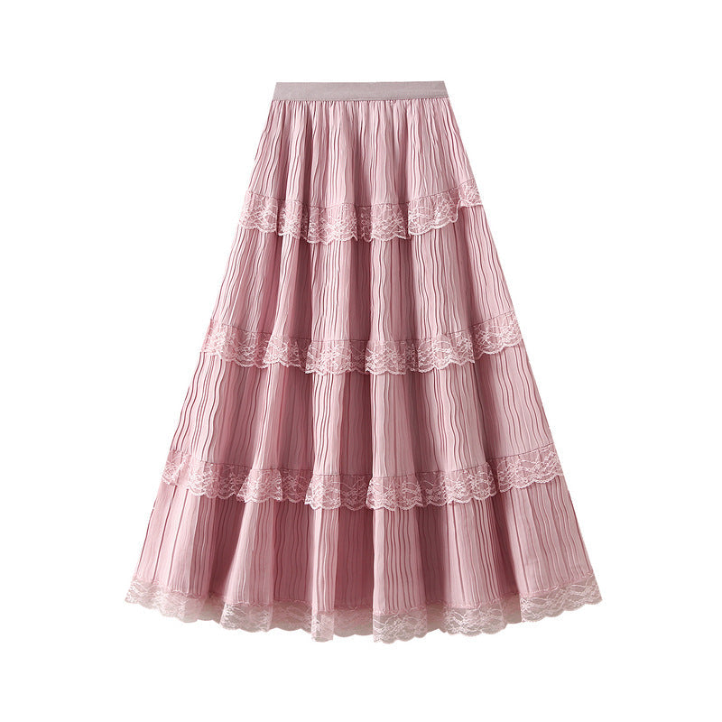 Blush Lace Tiered Pleated Skirt - 9106_PINK