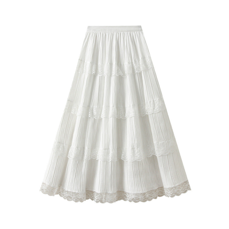 Snowfall Lace Tiered Pleated Skirt - 9106_WHITE