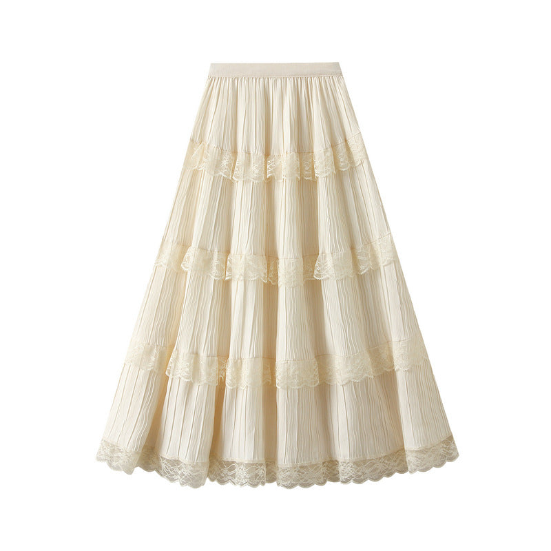 Vintage Lace Tiered Pleated Skirt  - 9106_APRICOT