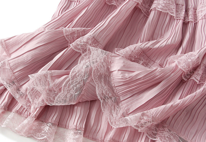 Blush Lace Tiered Pleated Skirt - 9106_PINK