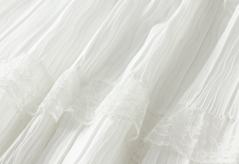 Snowfall Lace Tiered Pleated Skirt - 9106_WHITE