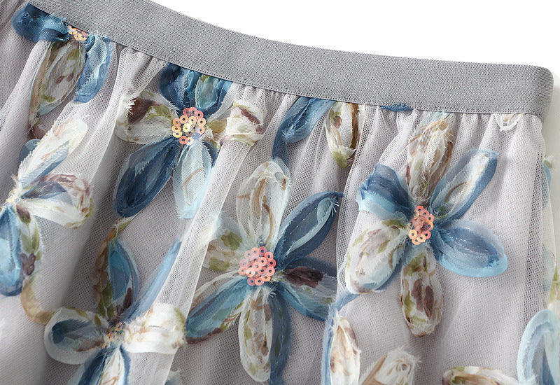 Blue Floral Embroidered Mesh Maxi Skirt