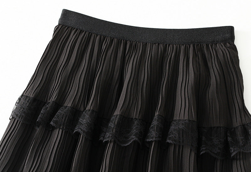 Noir Lace Tiered Pleated Skirt - 9106_BLACK