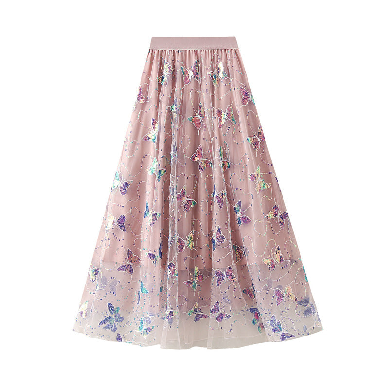 Pink Butterfly Embroidered Tulle Maxi Skirt
