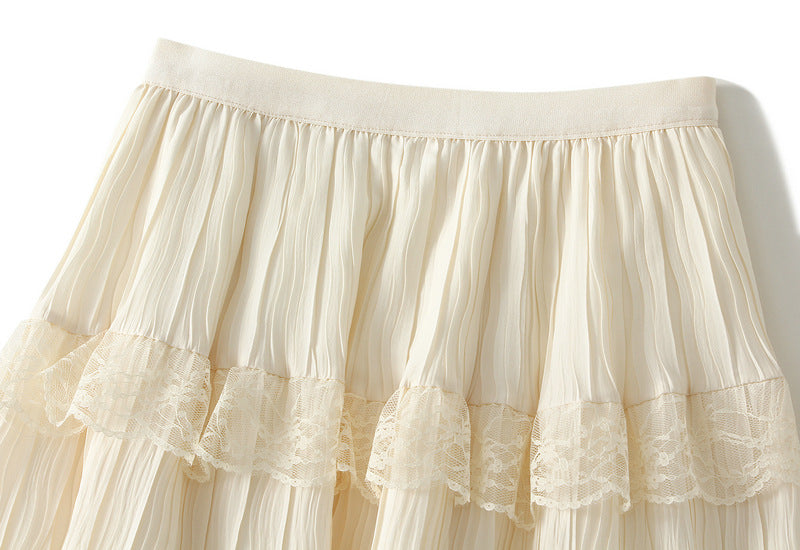 Vintage Lace Tiered Pleated Skirt  - 9106_APRICOT
