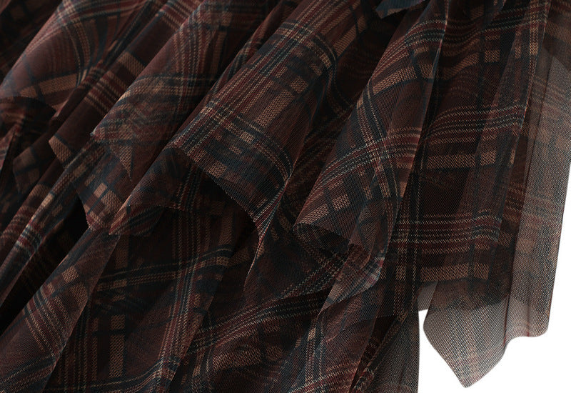 Brown Plaid Layered Tulle Skirt