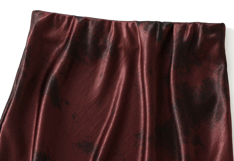 Burgundy Satin Print Midi Skirt