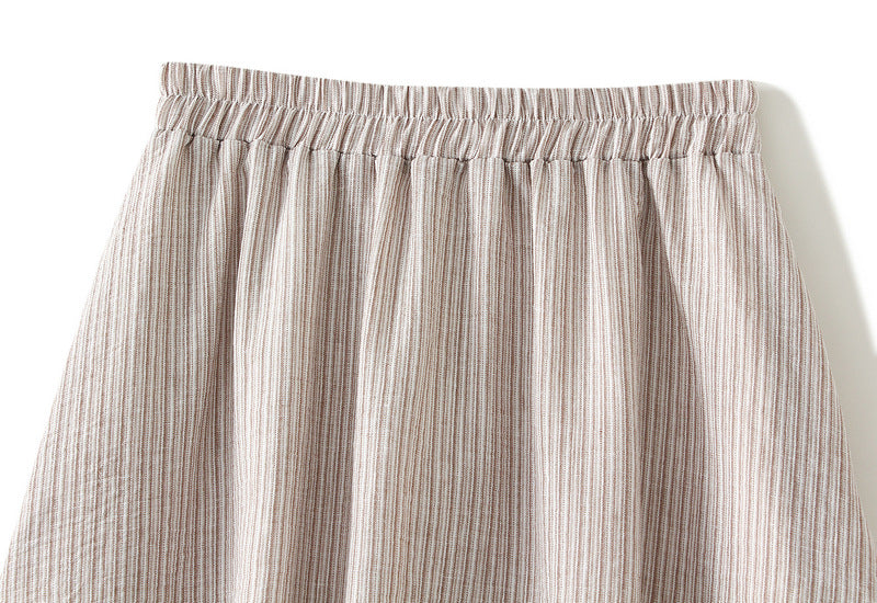 Beige Striped Midi Skirt with Lace Trim With Pocket