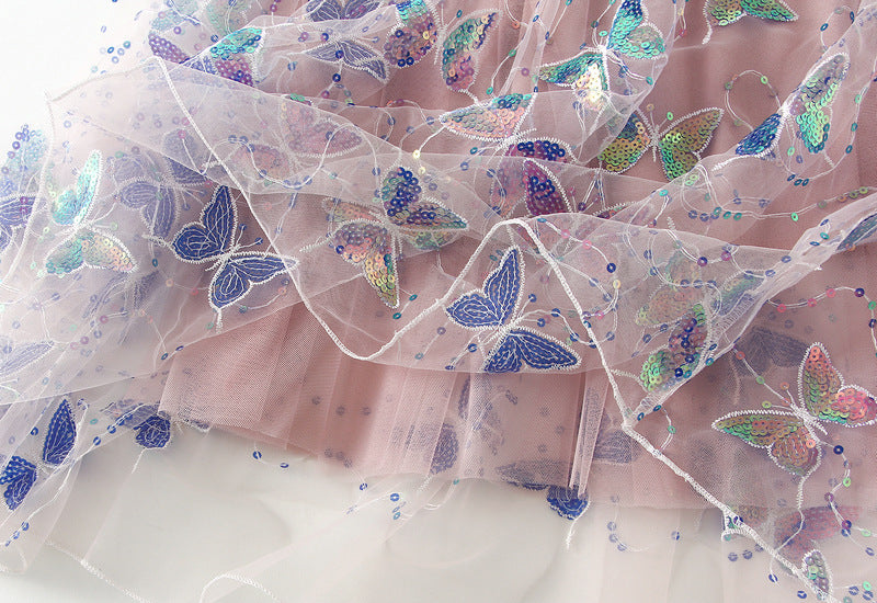 Pink Butterfly Embroidered Tulle Maxi Skirt