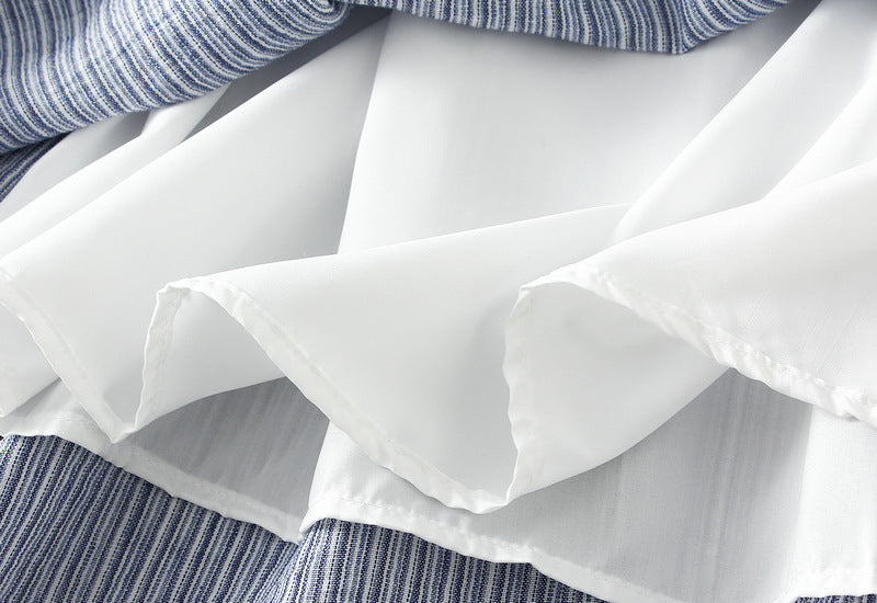 Blue Striped Midi Skirt with Lace Hem With Pocket