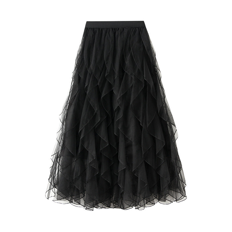 Ruffled Wavy Mesh A-Line Skirt - 0961_BLACK